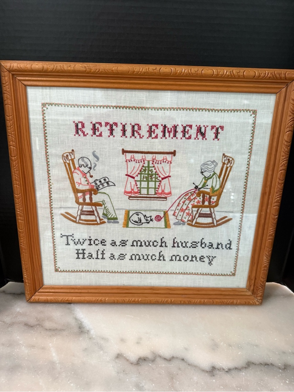 Vintage Retirement  Embroidery Sampler Framed Cross Stitch Estate Husband Wife